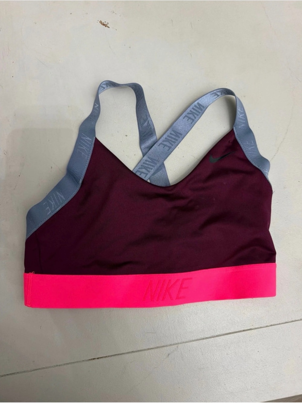 Nike Burgundy Sports Bra with Hot Pink Band and Gray Straps